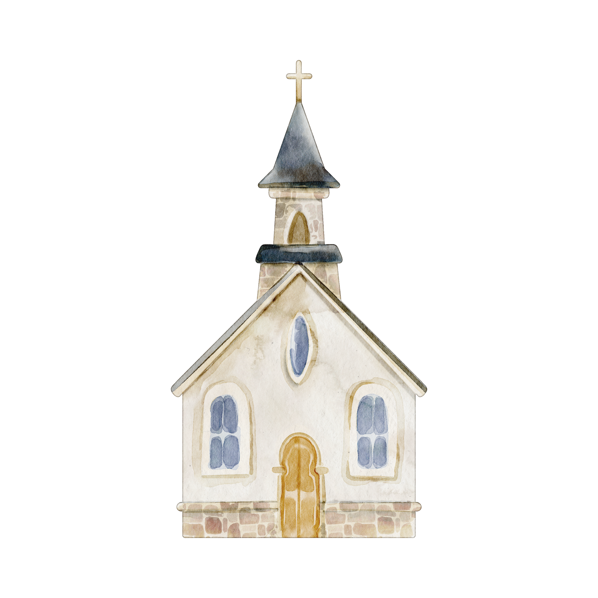Watercolor illustration of a small church with a beige facade, arched windows, wooden door, and a steeple with a cross on top.