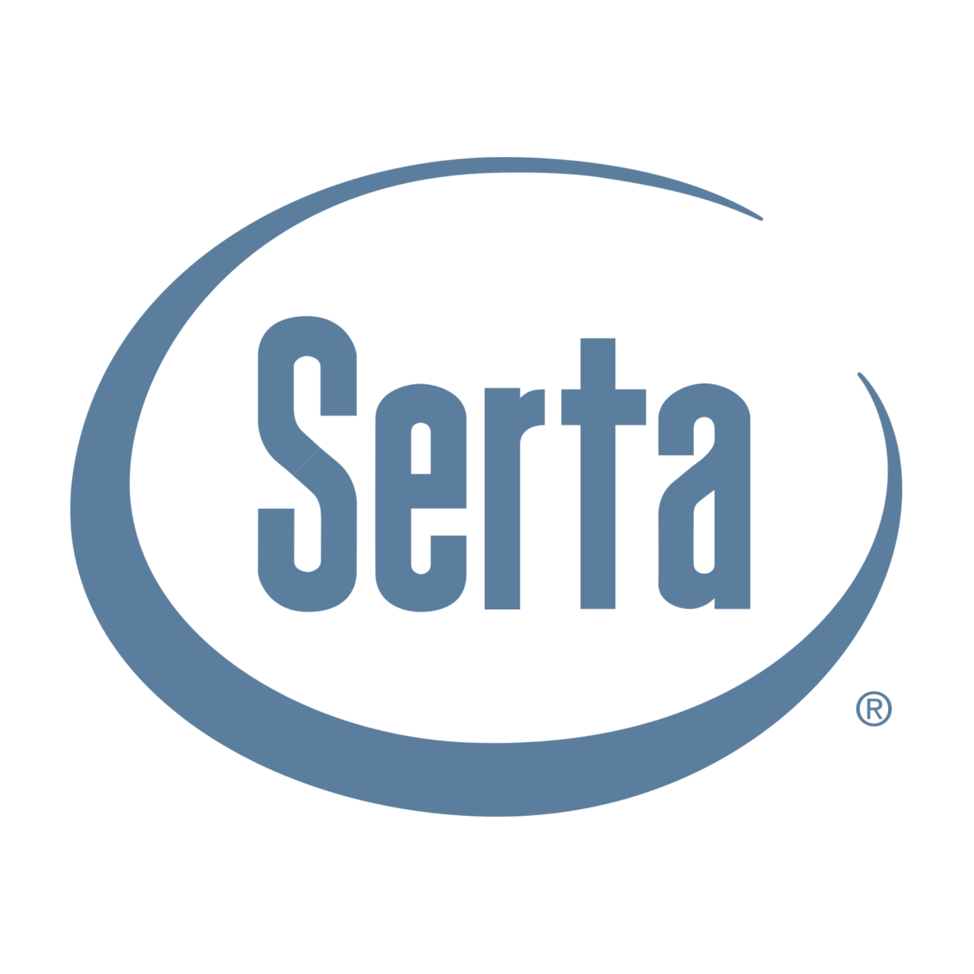 Serta logo with blue text and a curved swoosh surrounding the word.