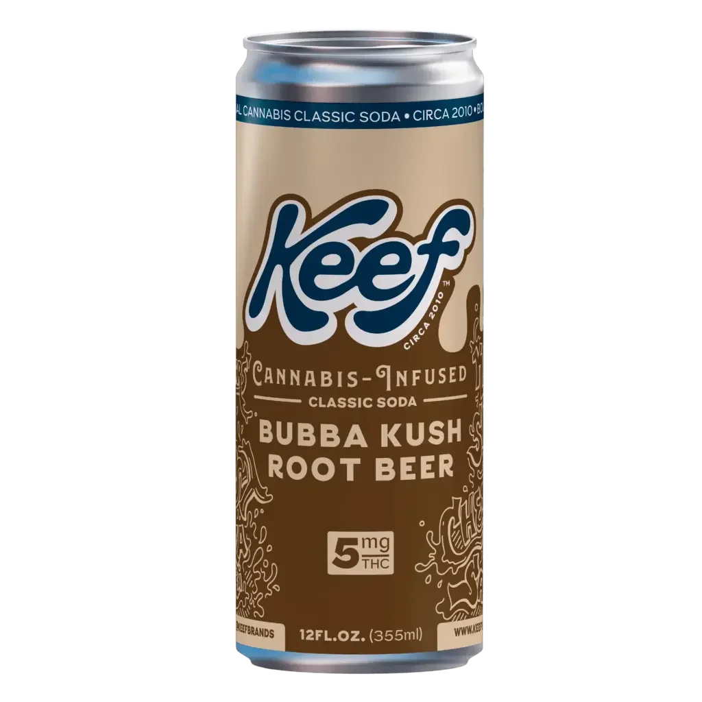 A tall aluminum can of Keef Cannabis-Infused Classic Soda in Bubba Kush Root Beer flavor, with cannabis leaf designs and a label indicating 5 mg THC, 12 fluid ounces (355 ml).