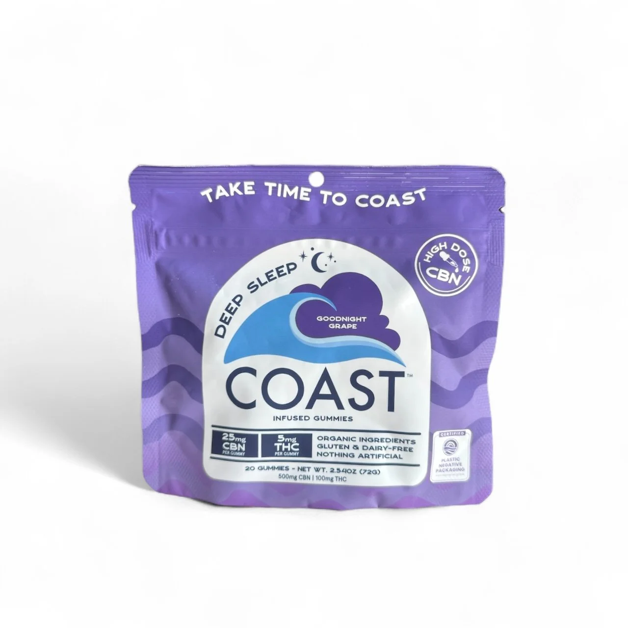 Purple package of Coast infused gummies with flavor 'Goodnight Grape', labeled for deep sleep, with 25mg CBN and 5mg THC per gummy, made with organic ingredients, gluten and dairy free, and containing 20 gummies.