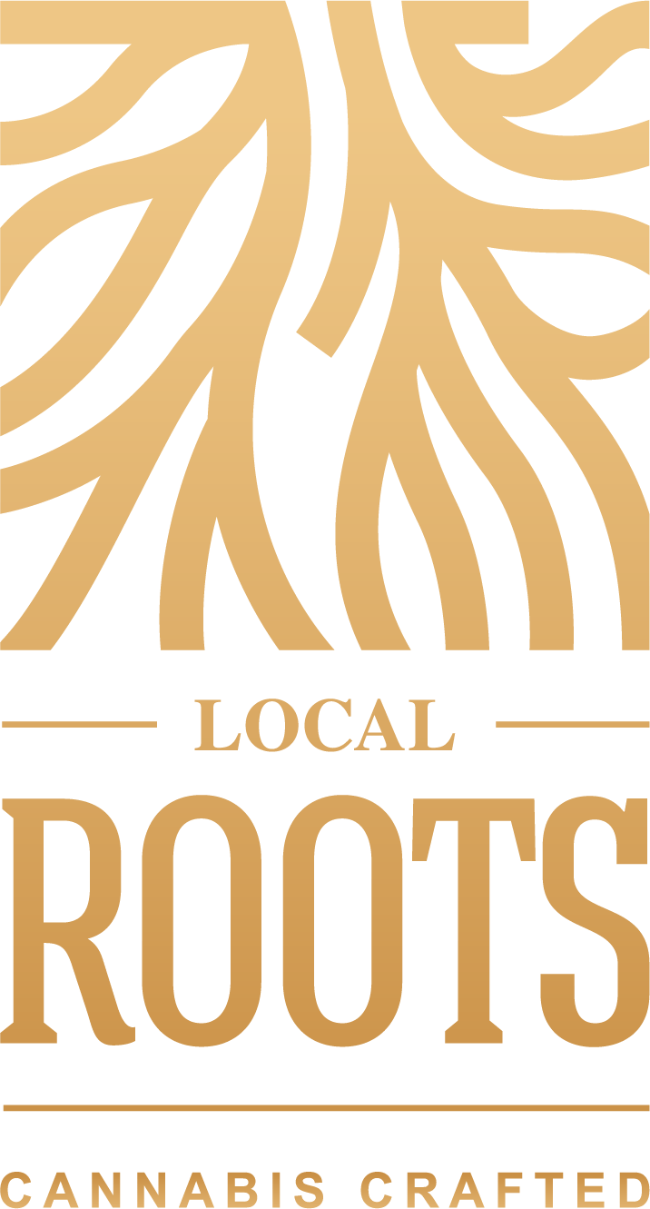 A black and gold logo with an abstract leaf pattern at the top, the word "LOCAL" above "ROOTS" in large font, and "CANNABIS CRAFTED" below in smaller font.