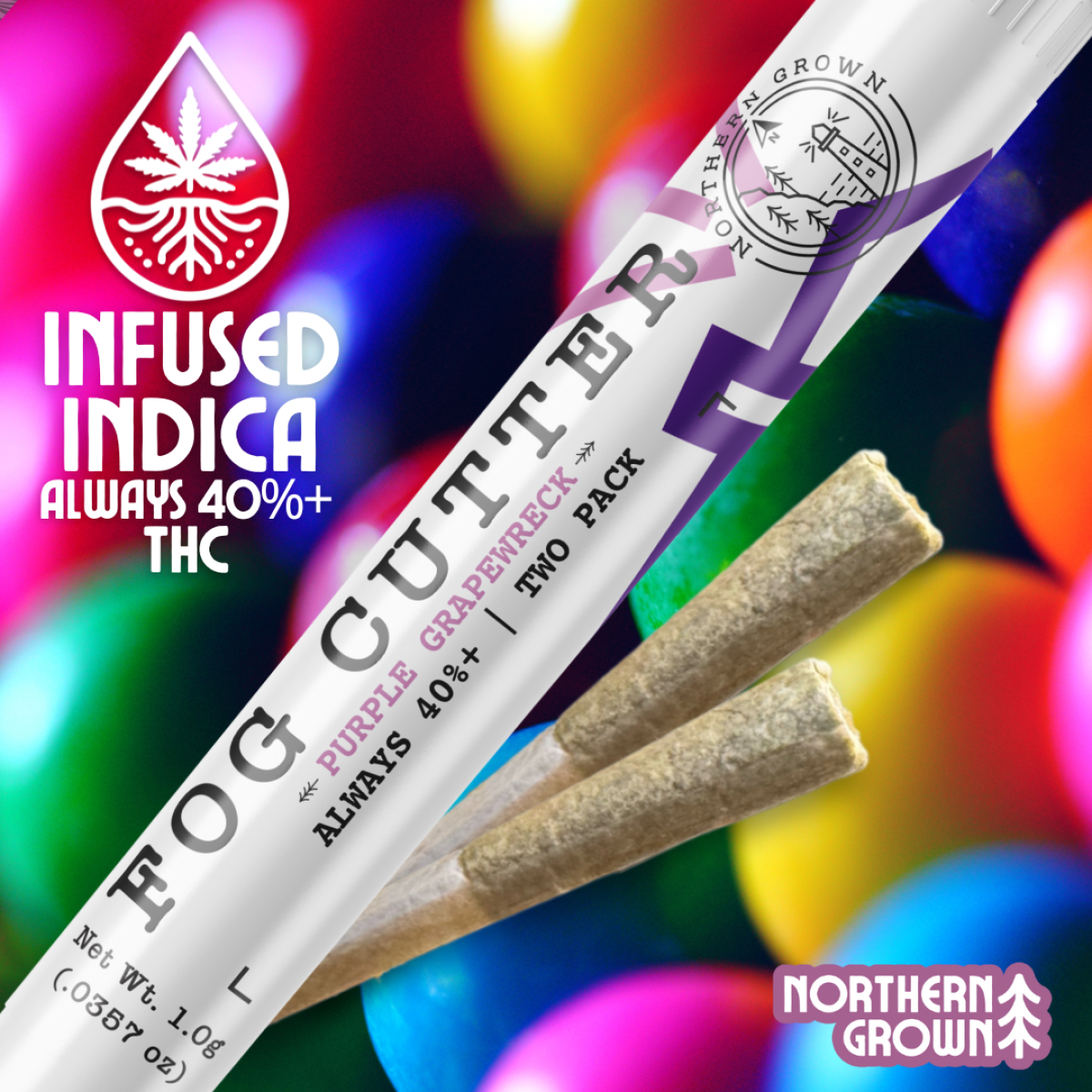 Cannabis pre-rolled joints with colorful blurred background, northern grown logo, and text indicating infused indica strain with over 40% THC, grapewreck flavor, and two-pack.