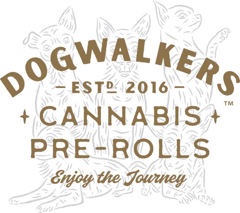 Logo for Dog Walkers Canabis Pre-Rolls with a black background and illustrated dogs in a line art style, with text overlay in brown that reads "Dog Walkers" at the top, "EST'16 2016" below, followed by "Cannabis" and "Pre-Rolls" and the tagline "Enjoy the Journey" at the bottom.