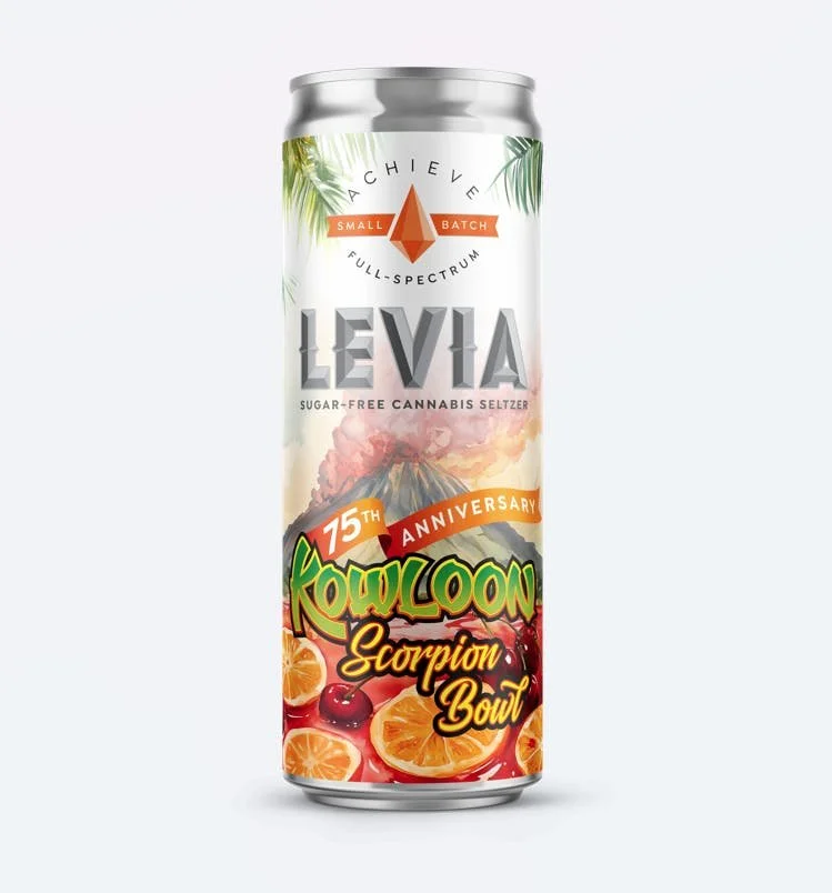 A can of Levia cannabis seltzer beverage with colorful packaging featuring tropical fruit illustrations and celebrating the 75th anniversary of Kouloon Scorpion Bowl flavor.