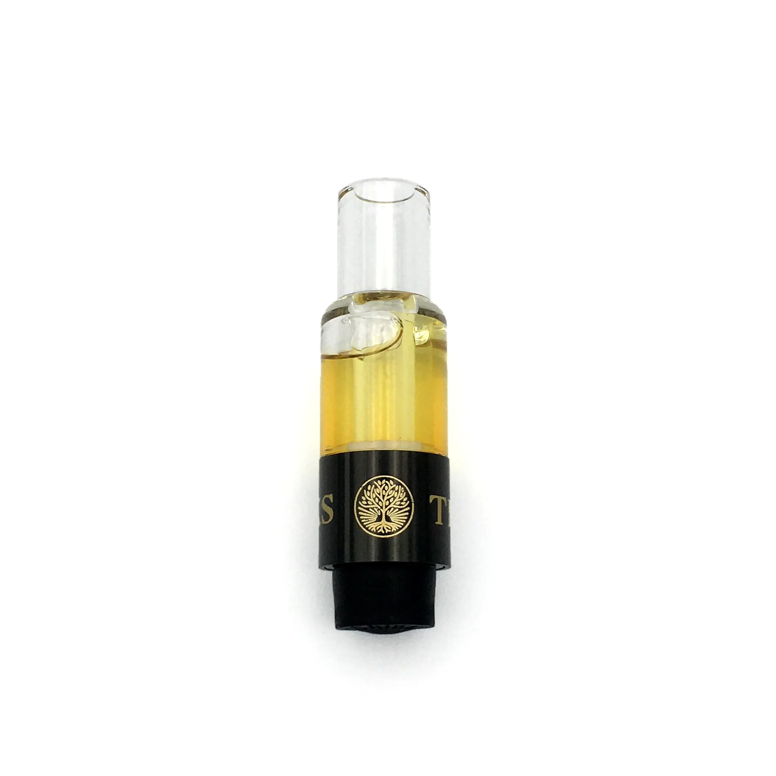 Close-up of a glass dropper bottle filled with light yellow liquid, with a black label and gold accents.