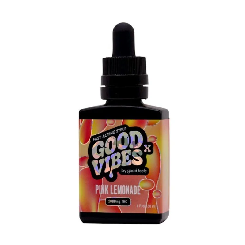 A black bottle of Good Vibes 3 Pink Lemonade THC syrup with a dropper cap, featuring colorful label with pink lemonade imagery and THC content of 1000mg.