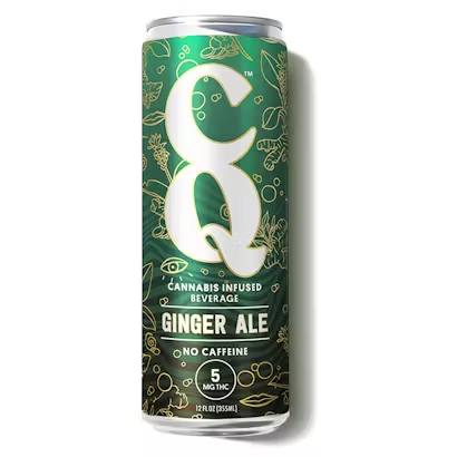 A tall aluminum can of ginger ale with cannabis infusion, labeled as a caffeine-free beverage with 5 mg THC, 12 fluid ounces.
