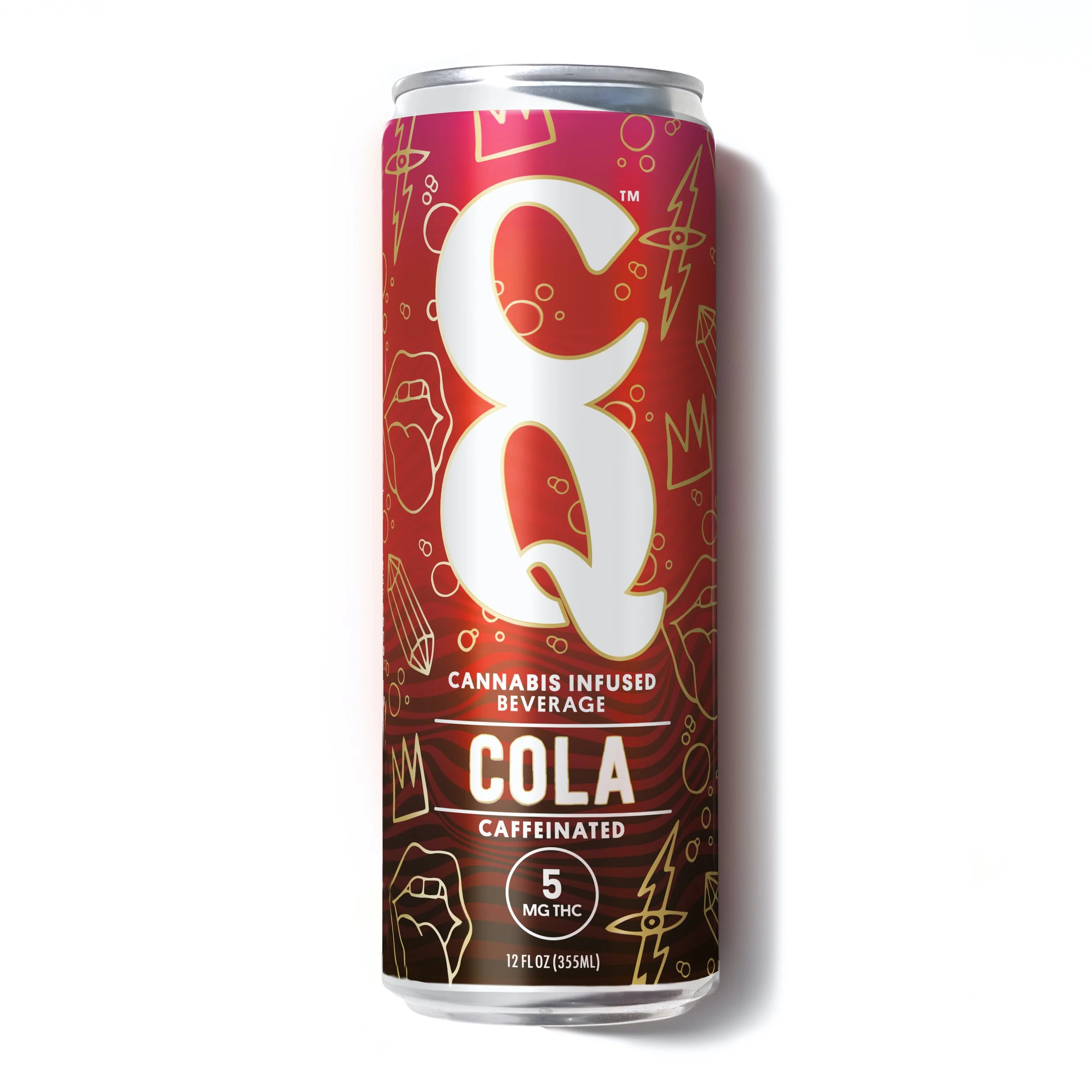 Can of cannabis-infused cola beverage with red and gold design, large white letters 'C' and '8', and text indicating 5 mg THC.