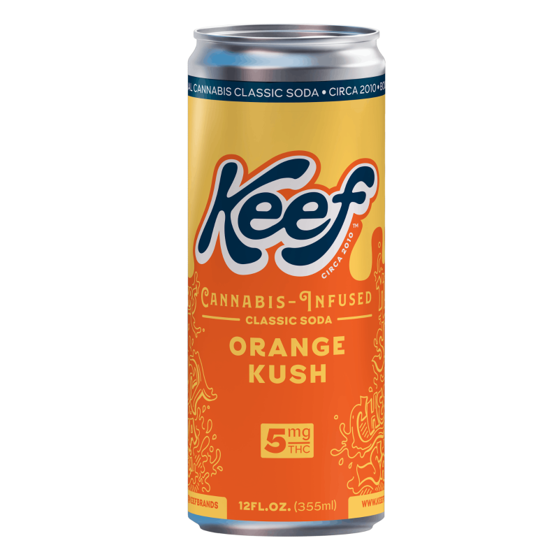 Canned beverage with yellow and orange design, labeled 'Kef', 'Cannabis-Infused Classic Soda', 'Orange Kush', 5mg THC, 12 fl oz.