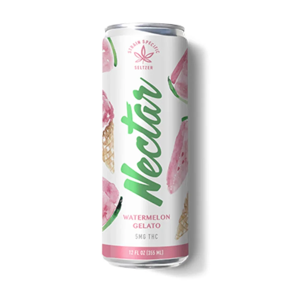 A can of watermelony flavored watermelon gelato with images of watermelon slices and waffle cones on the label.