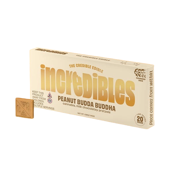 Box of Incredibles Peanut Budda Budda cannabis-infused milk chocolate pretzels with caramel flavor