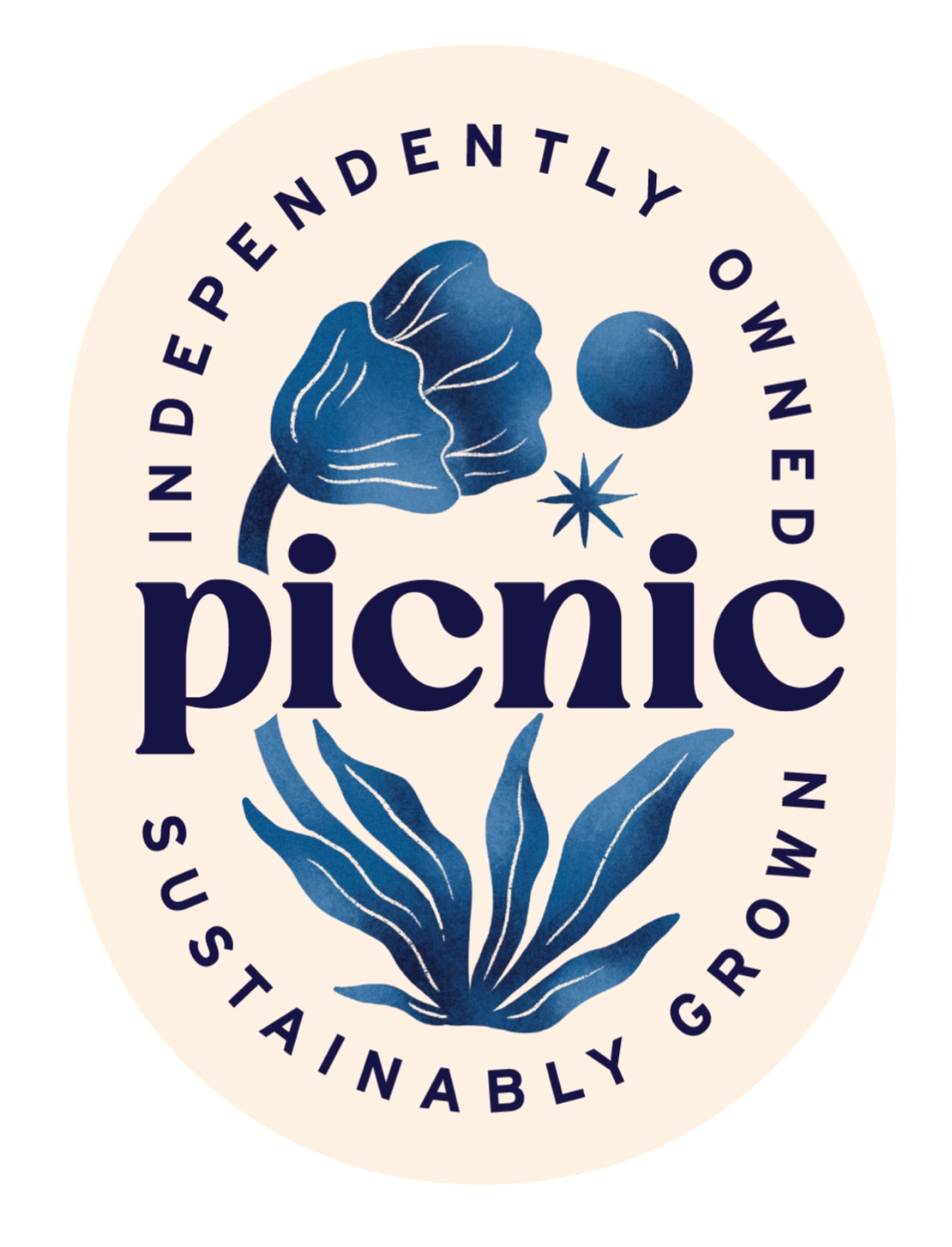 A circular logo with blue botanical illustrations and the text ‘Independently owned picnic sustainably grown’ surrounding the word ‘picnic’ in bold letters.