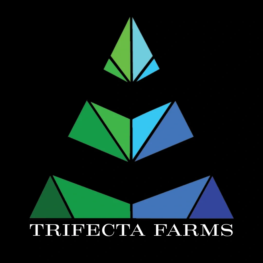 Logo for Trifecta Farms featuring a triangular geometric design in green and blue shades with the company name below.