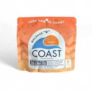 Backpack-style bag with orange, red, and white design labeled 'Balance Coast' with the slogan 'Take time to coast' at the top.