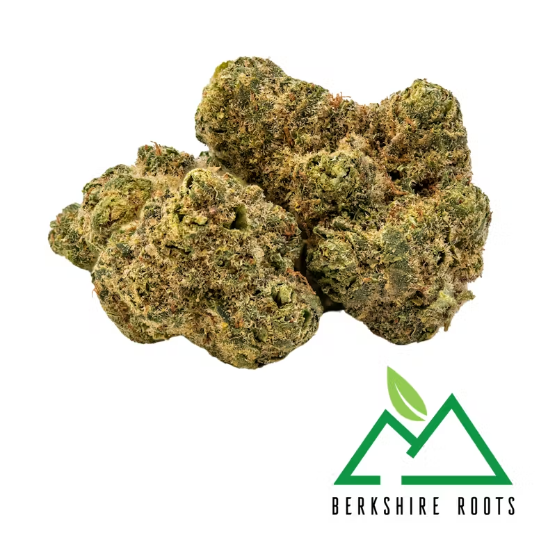 Close-up of cannabis buds with the Berkshire Roots logo featuring mountains and a leaf.
