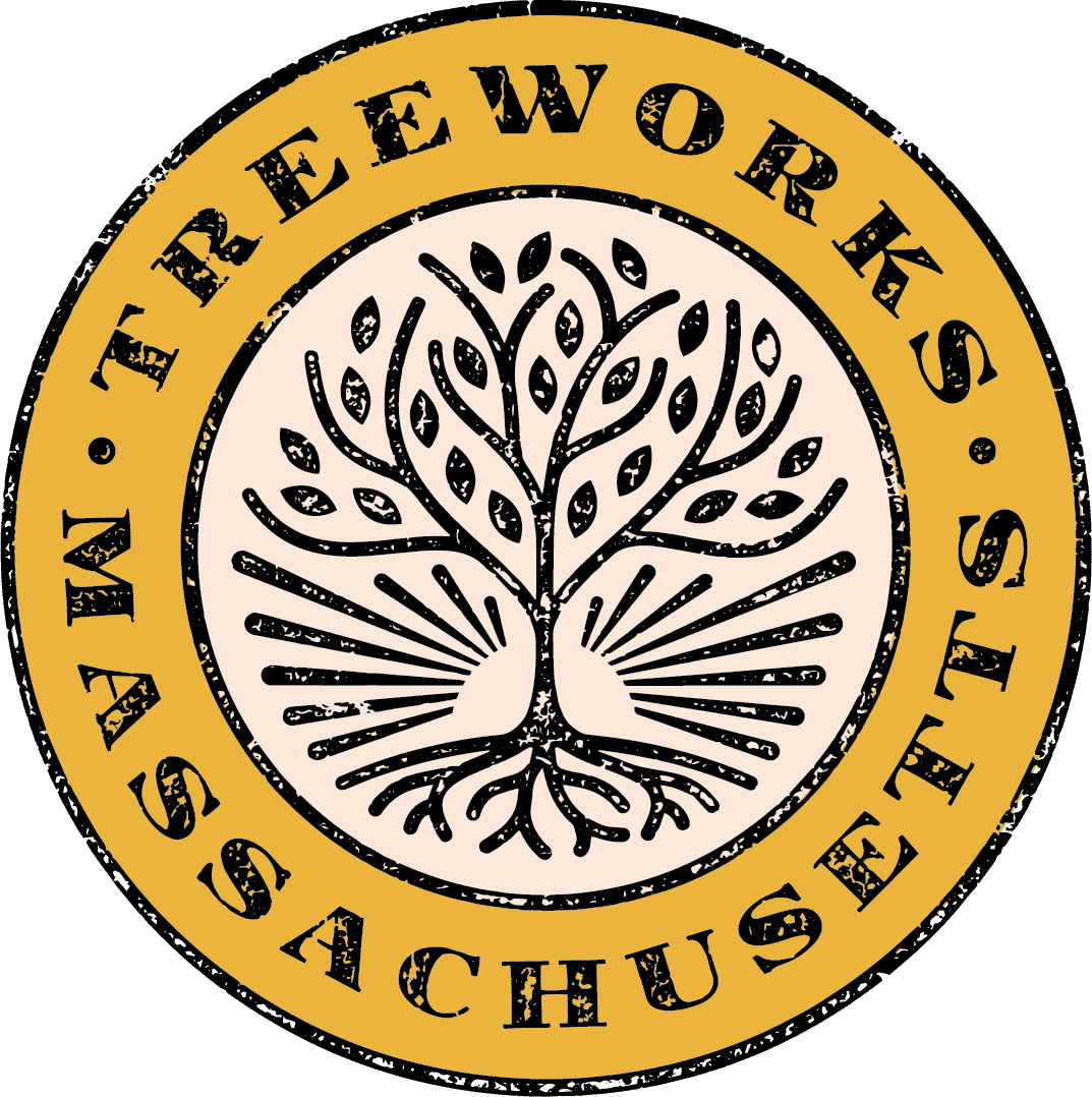 A circular logo with a gold border that reads "IN THE WORKS · STAY CHUS" and features a black line illustration of a stylized tree with many branches and leaves.