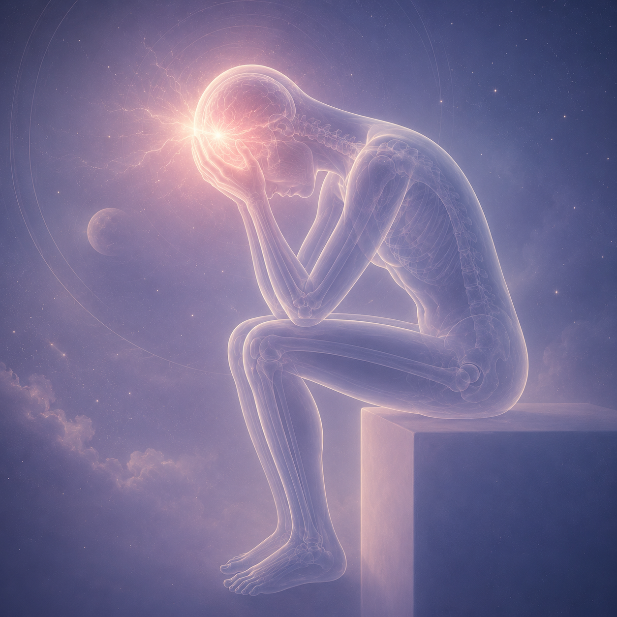 A transparent, glowing human figure sitting on a block with hands covering its head, against a starry space background.