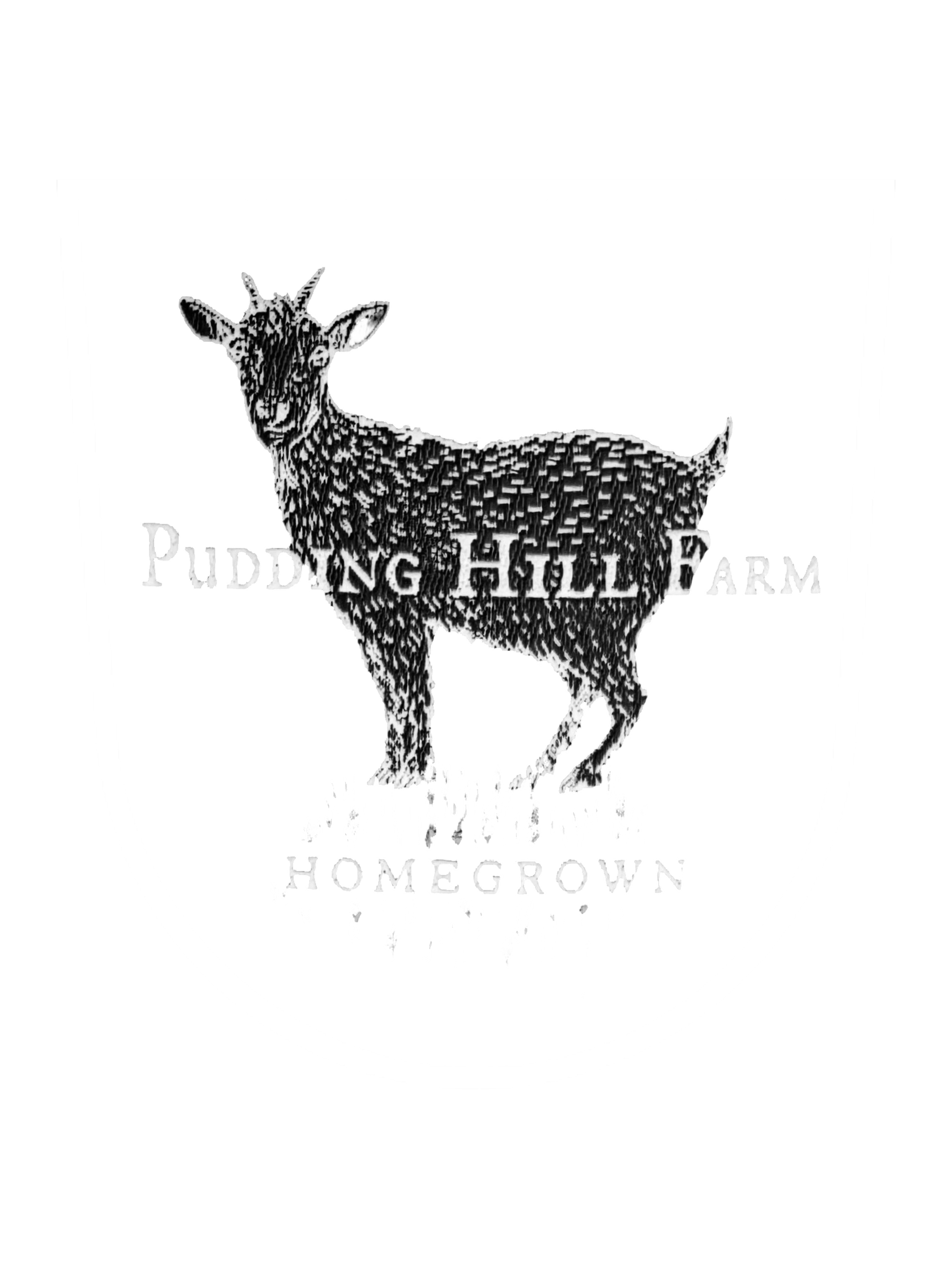 Illustration of a goat standing on grass with the text "Pudding Hill Farm" and "Homegrown" on a shield-shaped emblem.