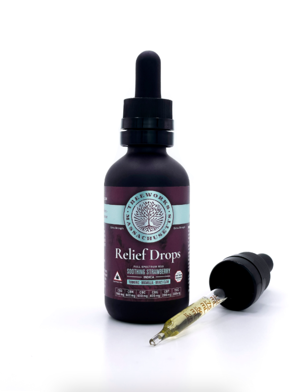 A dark dropper bottle of Relief Drops with a droplet syringe lying beside it, set against a white background.