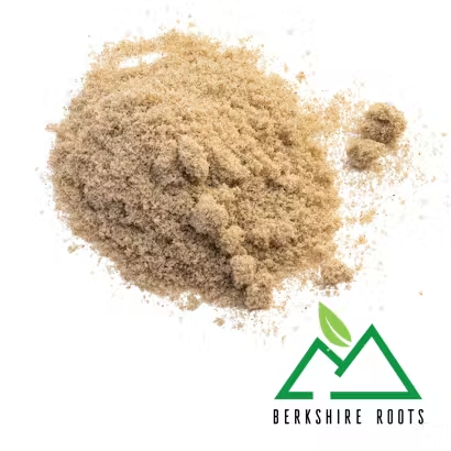 A pile of light brown powder on a white background with Berkshire Roots logo in the bottom right corner.