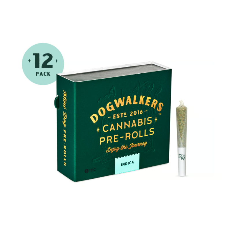 A 12-pack of Dogwalkers Cannabis Pre-Rolls with Indica strain, featuring a green box and a single pre-roll on the right.