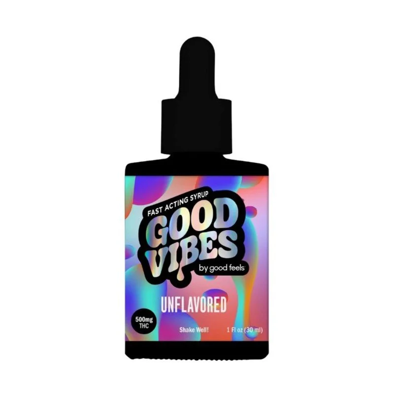 A small black bottle with a dropper cap labeled 'Good Vibes' in colorful, psychedelic design, indicating it contains unflavored THC syrup with 500mg THC, with instructions to shake well.