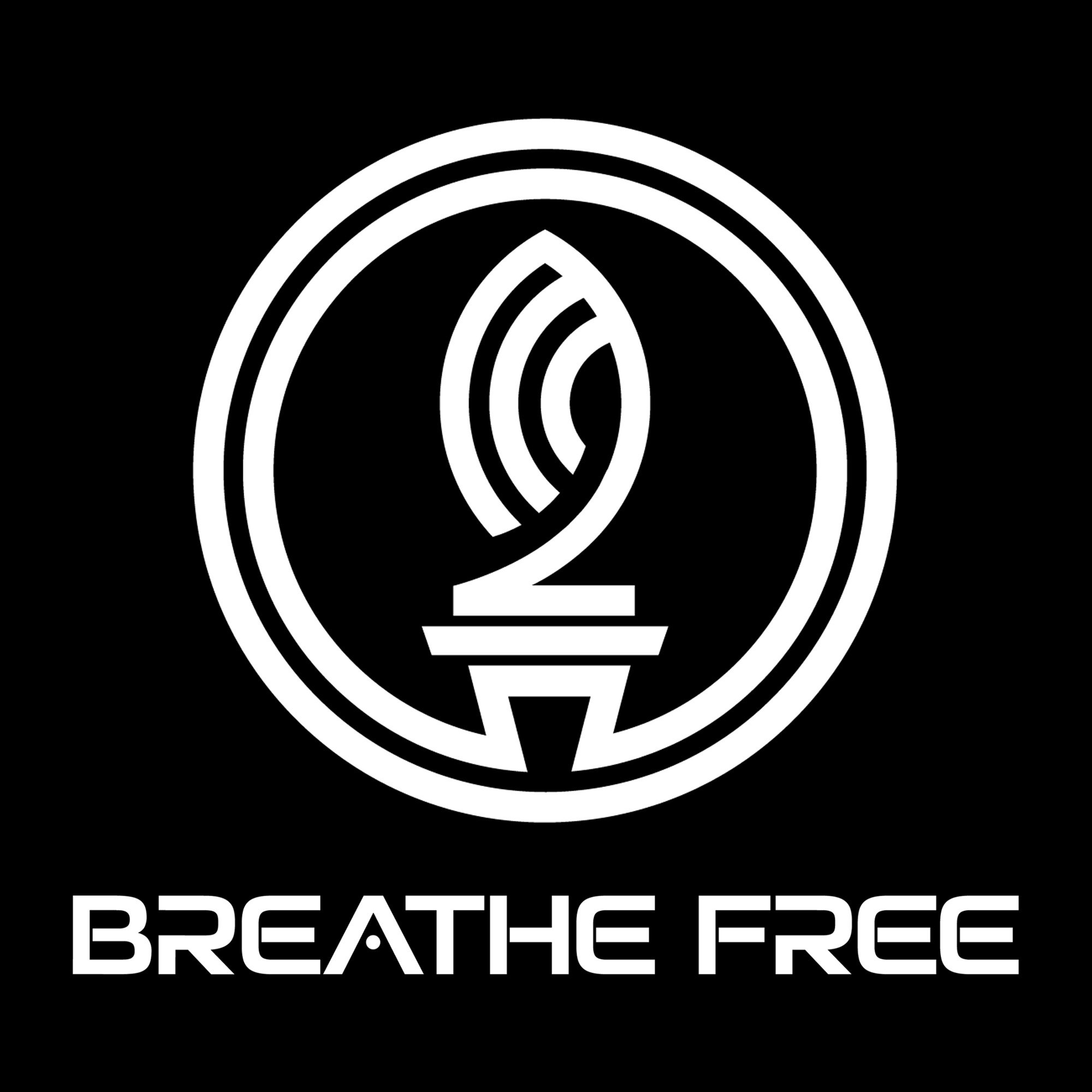 Black background with a white outline of a torch inside a circle and the words 'BREATHE FREE' underneath.