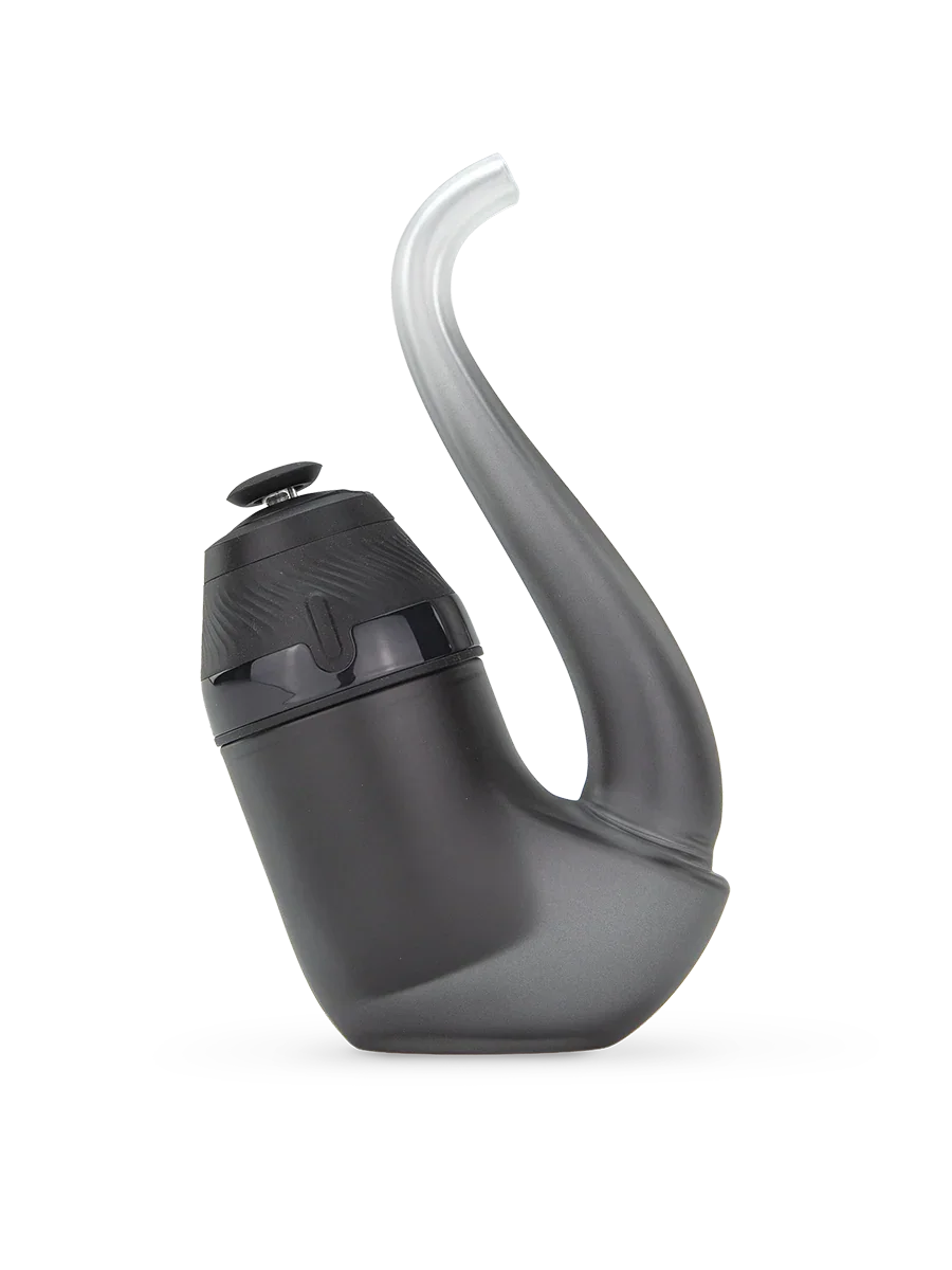 A sleek, black, portable blender with a modern design and curved handle.