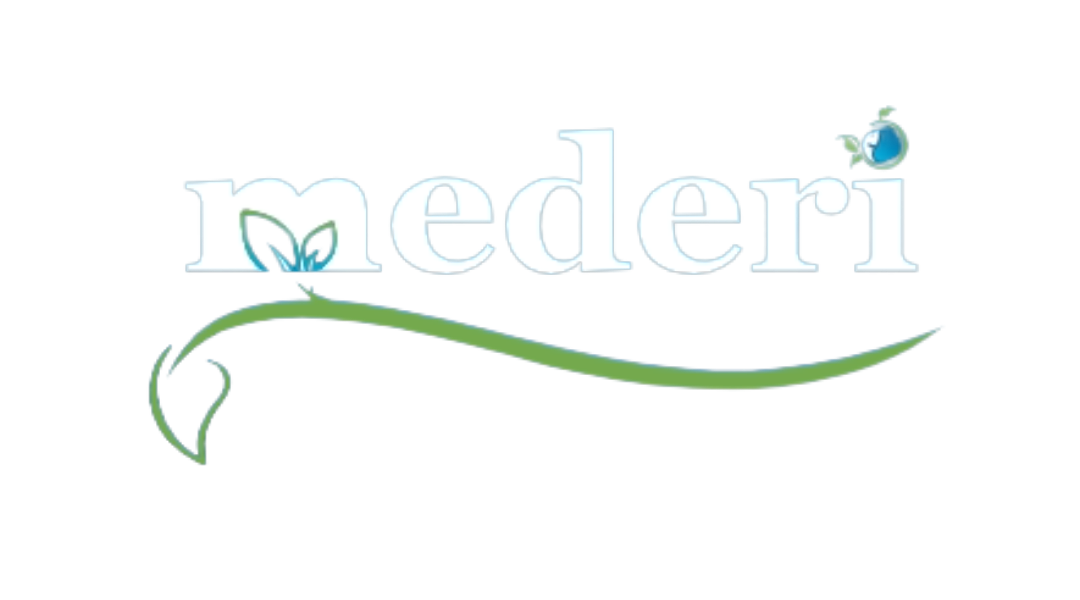 Logo with the word 'medi' in large white letters, a green leaf, a blue bird, and a blue swoosh element.