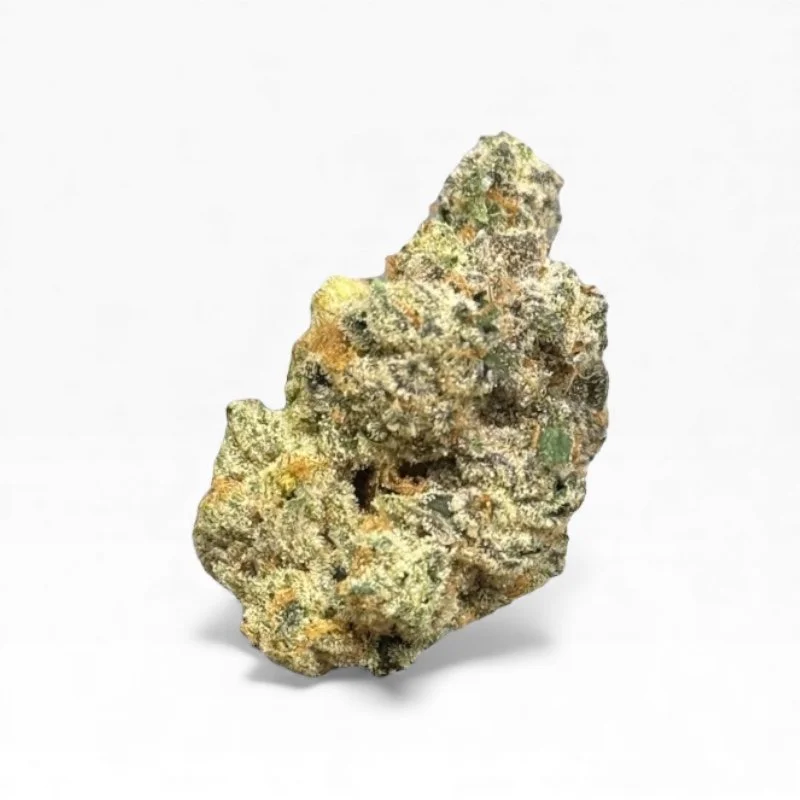Close-up of a cannabis bud with green, orange, and white trichomes on a white background.