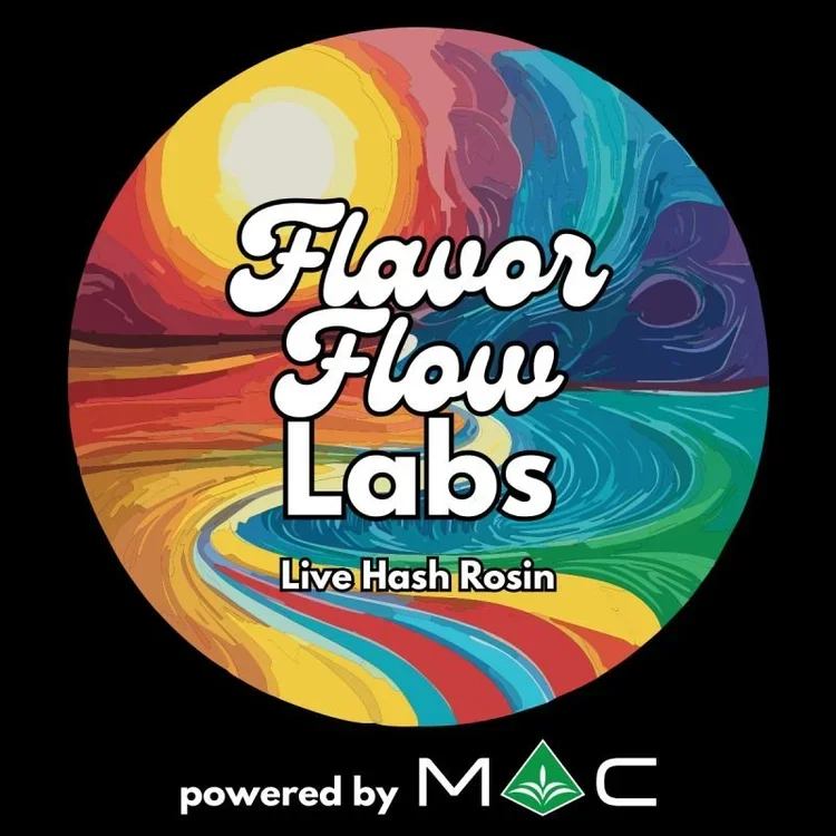 Colorful circular logo with a swirling design and a bright sun at the top left. Text in the center reads 'Flavor Flow Labs' with the tagline 'Live Hash Rosin'. At the bottom, it says 'powered by MAC' with a green leaf icon.