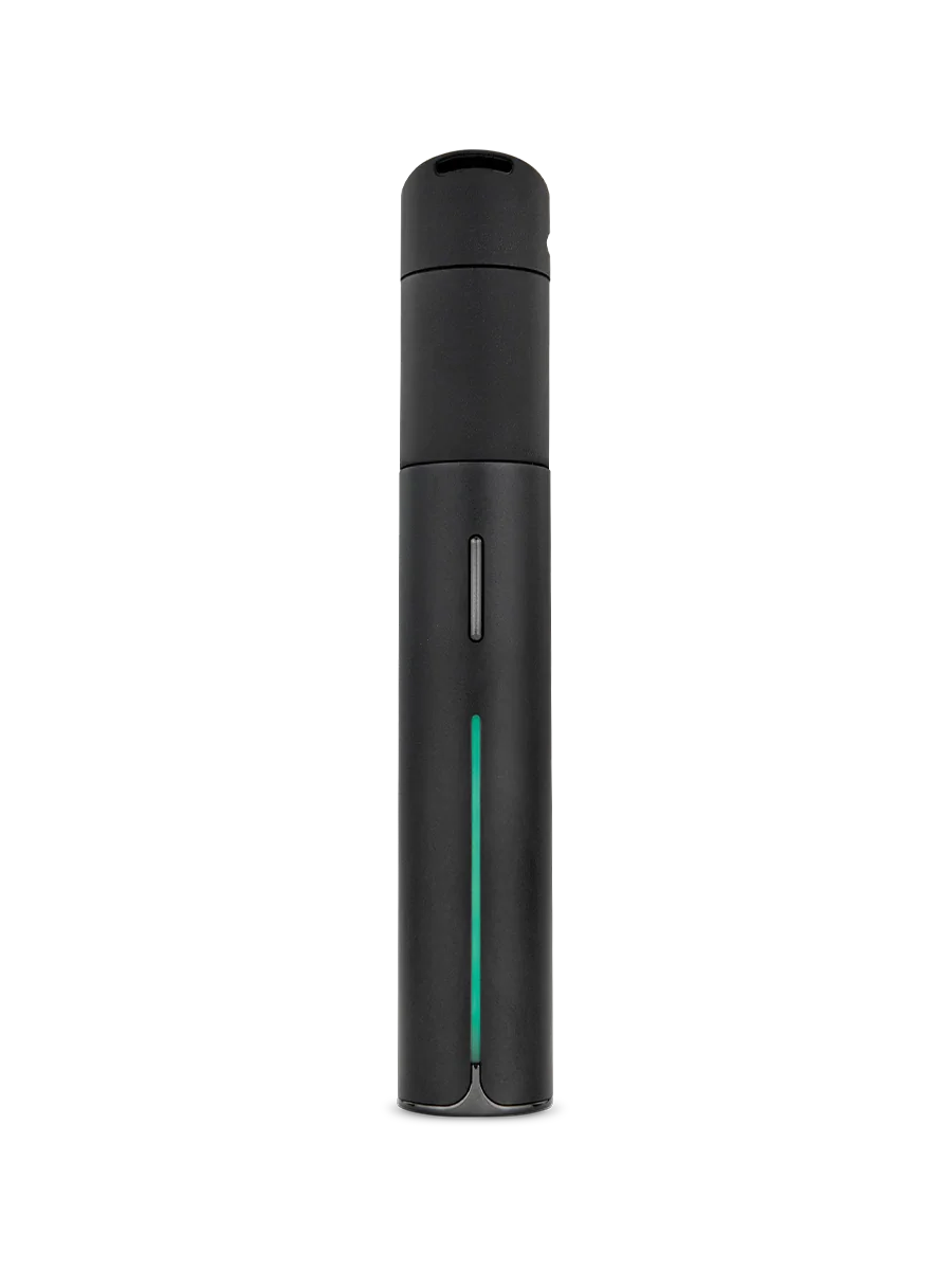 A black portable electronic cooler or container with a vertical green indicator light, a small handle on the top, and a sleek cylindrical design.