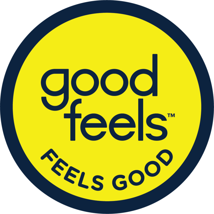 Yellow circular logo with black border, featuring the words "good feels" in large black lowercase letters at the center, and "FEELS GOOD" in smaller curved uppercase letters at the bottom.