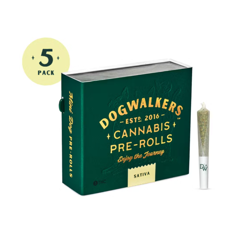 A five-pack of Dogwalkers cannabis pre-rolls in a green box with yellow lettering, labeled 'Sativa,' with one pre-roll outside the box.