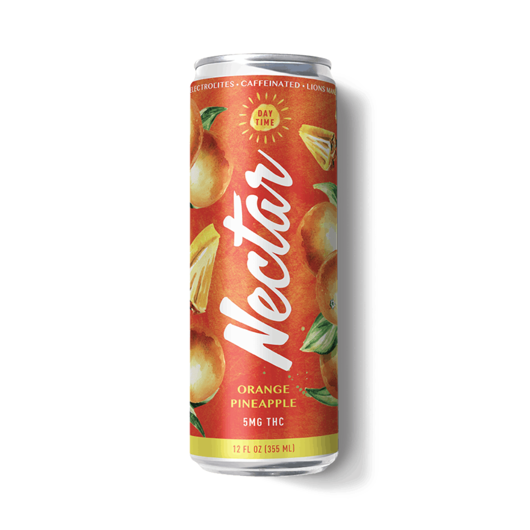 A can of Nectar brand orange pineapple flavored sparkling water with THC, showing citrus fruit illustrations on the label.