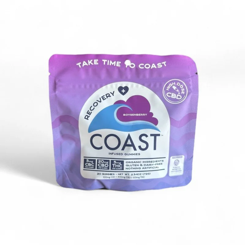 Purple resealable bag of Coast Recovery infused gummies, flavored with boysenberry, containing CBD and THC, labeled gluten and dairy-free, with organic ingredients.