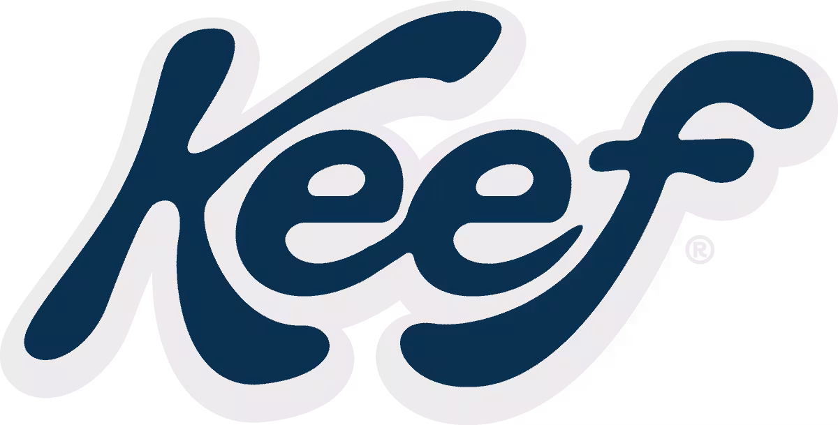 The image displays the logo of Keef, with the text stylized in dark blue/brownish lettering.