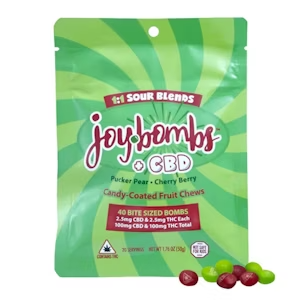 Joy Bombs CBD sour blend package with pucker pear and cherry berry flavors, containing 40 edible CBD bombs, each with 2.5mg CBD, THC, and THC total.