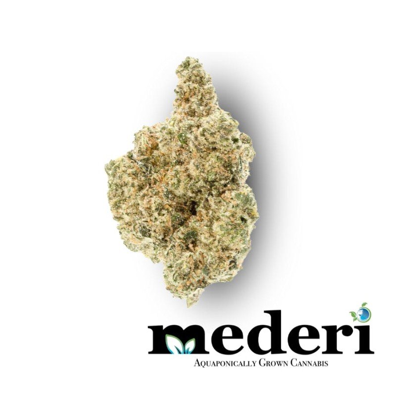 Close-up of a cannabis bud with the text "Mederi Aquaponically Grown Cannabis" beneath it.