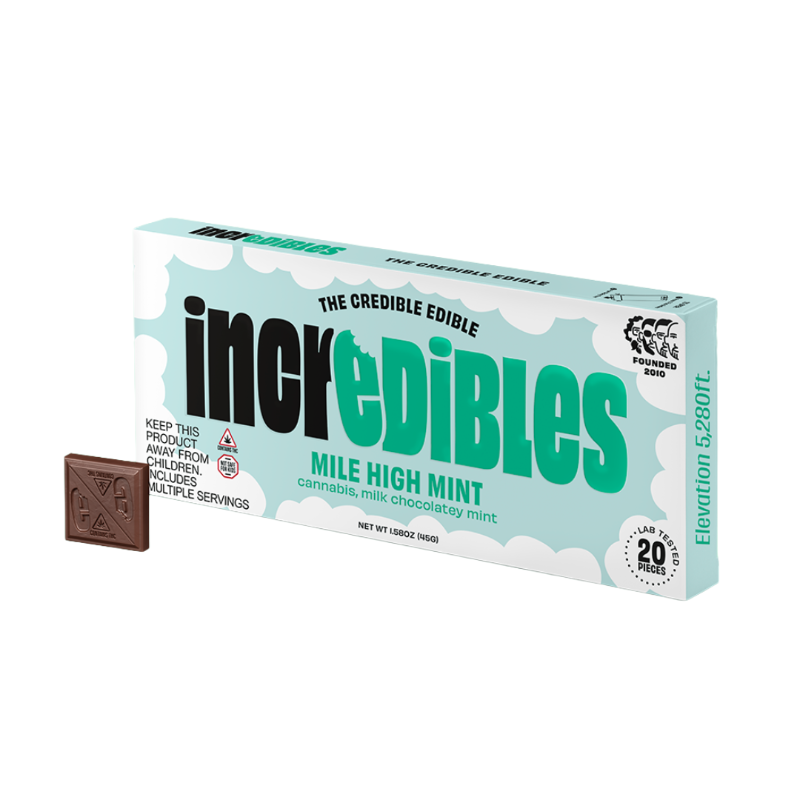 A box of Mile High Mint edibles with a piece of milk chocolate mint on the side.
