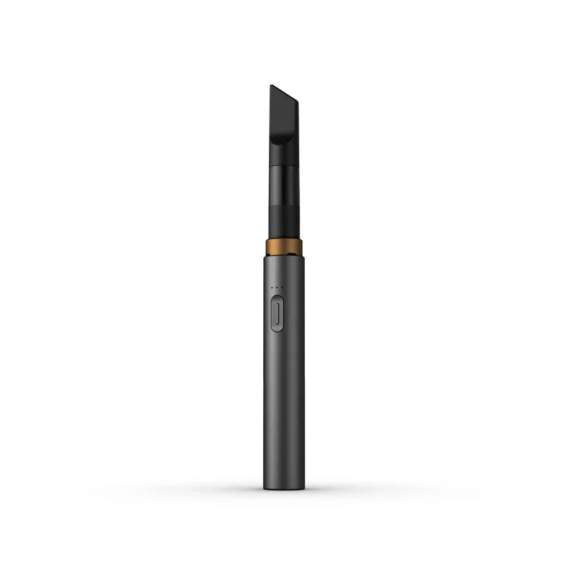 A sleek, gray electronic vape pen with a black mouthpiece and a gold accent, standing upright on a white background.