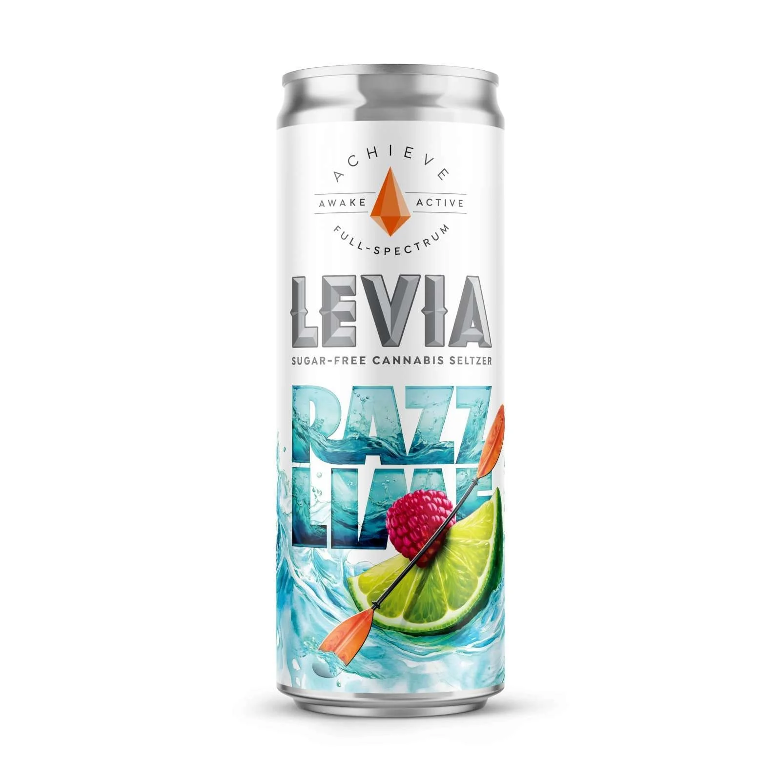 A can of Levia sugar-free cannabis seltzer with a vibrant label featuring water splashes, lime slices, a raspberry, and an arrow piercing a lime.