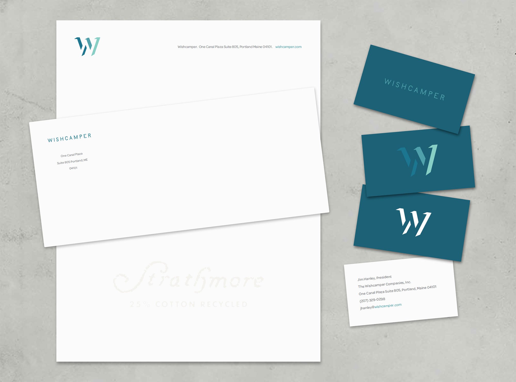 Corporate stationery and print collateral for Wishcamper Companies by Murphy Empire, Portland Maine