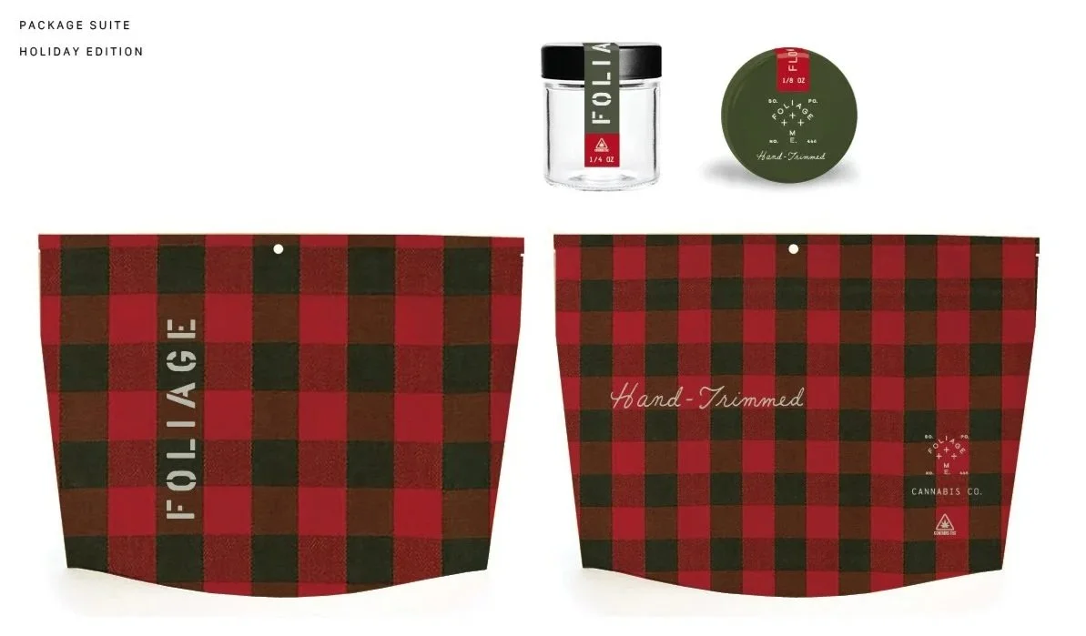 Holiday packaging design for Foliage Cannabis Co. flower and pre-roll products by Murphy Empire Branding & Design