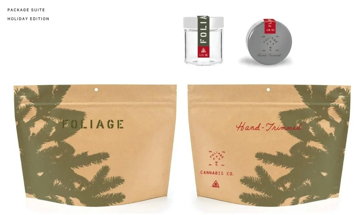 Holiday packaging design for Foliage Cannabis Co. flower and pre-roll products by Murphy Empire Branding & Design