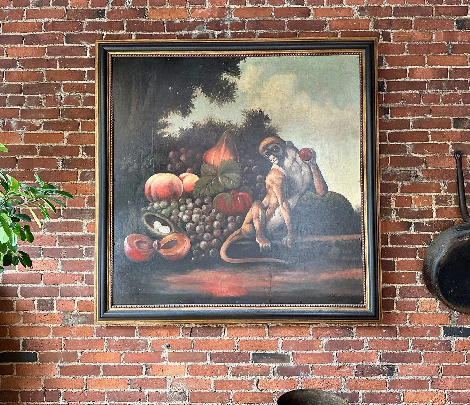 'Monkey Holding the Fruit of Life', 2005, acrylic on panel, 48"x48", by Ken Murphy, commissioned by Dana Street, shown hanging in Fore Street restaurant in Portland, Maine