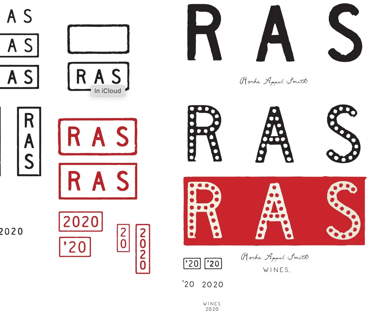 Custom typography and brand mark exploration for RAS Wines, demonstrating how hand-built letterforms evolve into a flexible identity system.