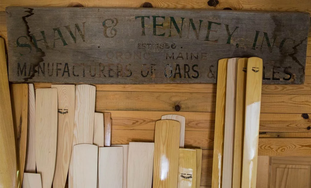 Original Shaw & Tenney wooden sign with handcrafted oars and paddles, Maine manufacturing heritage