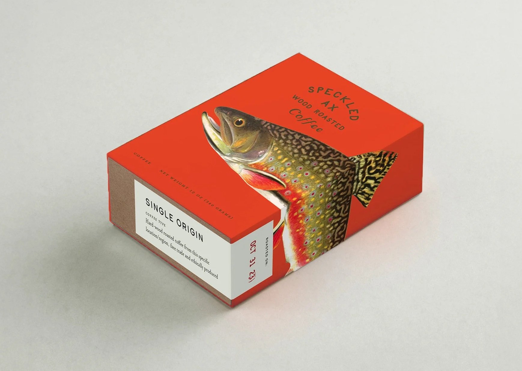 Illustrated packaging design featuring a hand-drawn trout on a red coffee box, showcasing brand identity and visual storytelling by Murphy Empire