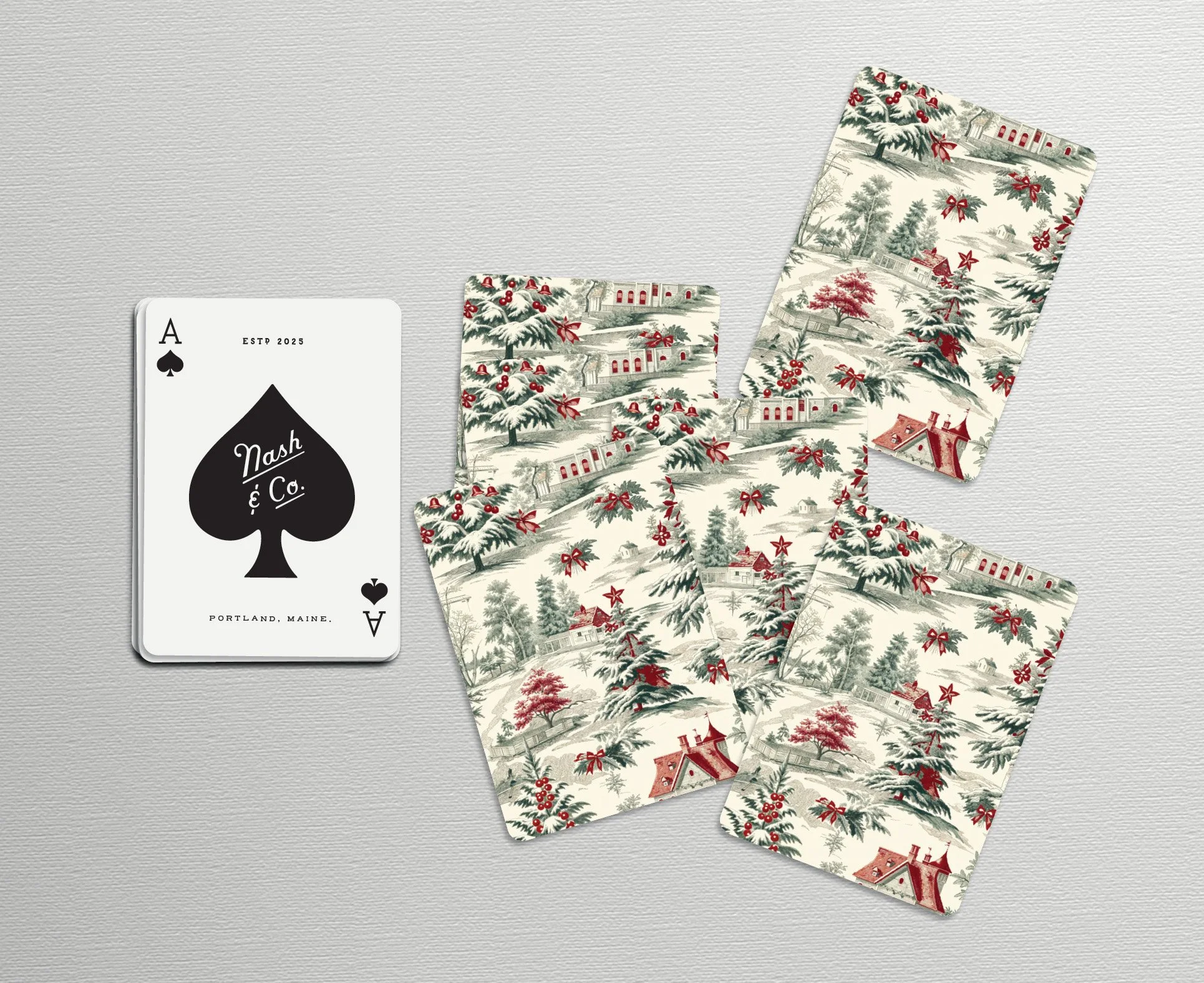 Holiday poker card design and social media branding visuals for Nash & Co.